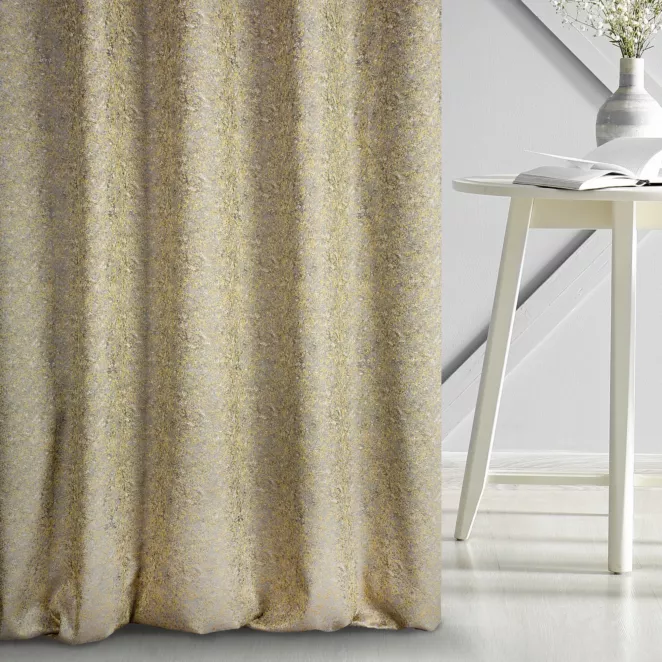 Zasłona szyta na taśmie 5 cm DORIANA srebrno musztardowa z tkaniny o dwukolorowym nieregularnym wzorze