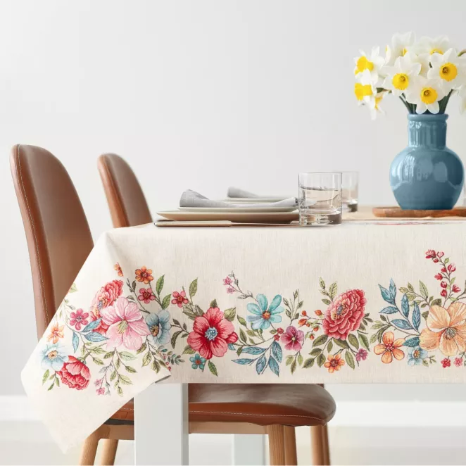 Obrus na stół naturalno, różowy 140x180 cm gobelinowy zdobiony motywem kwiatów
