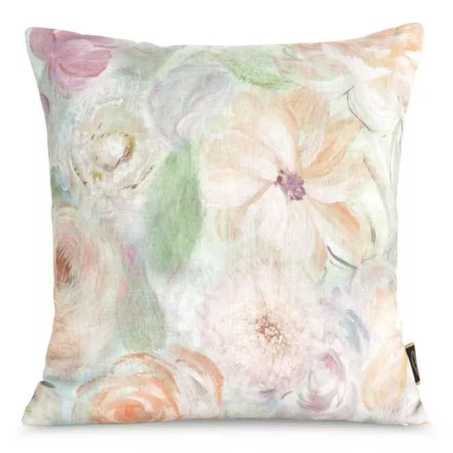 Poszewka na poduszkę 45x45 cm o strukturze lnu z nadrukiem subtelnych kwiatów beżowo, zielona LEN