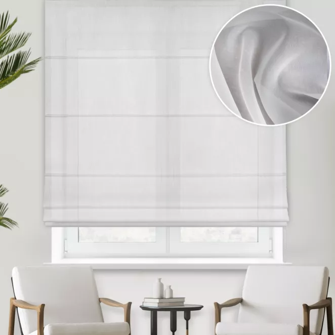 Roleta rzymska kremowa półprzezroczysta, matowa, z tkaniny typu batyst o niestandardowej wysokości 340cm, wykończona obciążnikiem