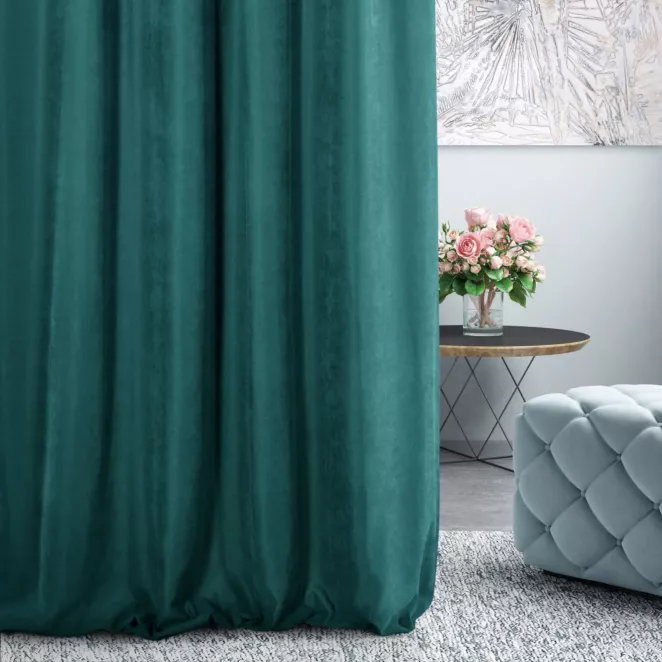 Zasłona szyta na taśmie 5 cm DORA - HIT turkusowa z miękkiej tkaniny o welurowej strukturze
