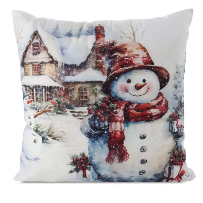 Poszewka na poduszkę świąteczna 45x45 cm biało, czerwona zdobiona nadrukiem uroczego bałwanka