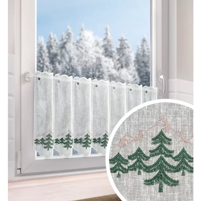 Tkanina firanowa zazdrostka z etaminy zdobiona świątecznym haftem z motywem choinek