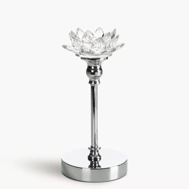 Świecznik dekoracyjny transparentny, srebrny o kształcie kwiatu lotosu średnica 12x19 cm DALIA 2