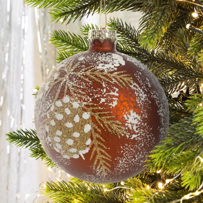 Bombka szklana ręcznie zdobiona motywem gałązek i szyszek