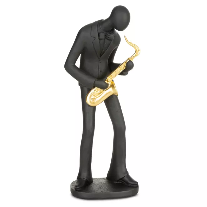 Figurka ceramiczna czarno-złota  w kształcie postaci trzymającej saksofon 15x11x36 cm RICO