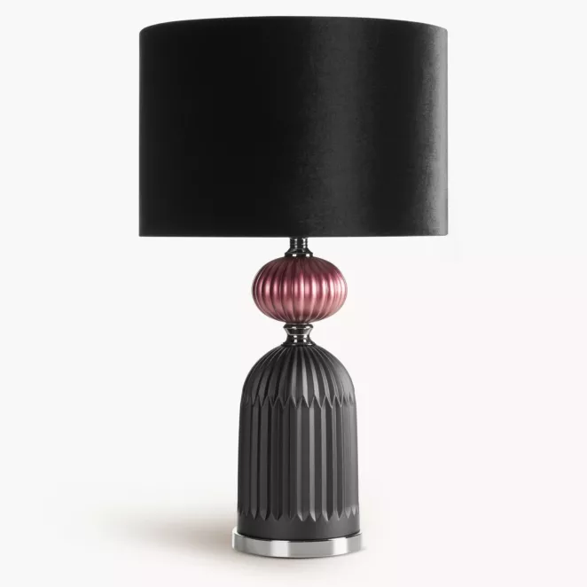 Lampa stołowa do pokoju czarno, bordowa GIANA o szklanej tłoczonej podstawie i welwetowym abażurem