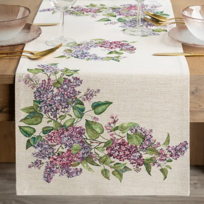 Obrus na stół naturalno, fioletowy 40x100 cm gobelinowy zdobiony motywem bzu