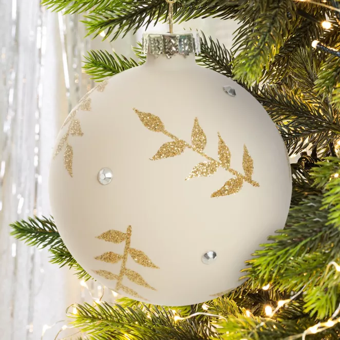 Bombka szklana zdobiona ręcznie złotymi gałązkami i kryształkami