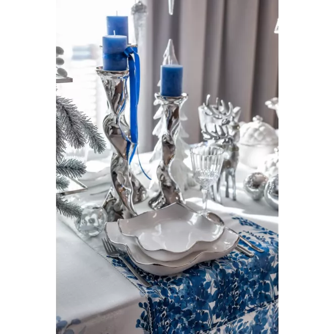 Obrus biało, niebieski 85x85 cm zdobiony na brzegach roślinnym wzorem - INES 14