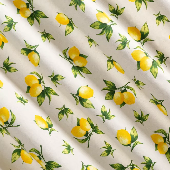 P300/7 Zasłona szyta na taśmie 5 cm naturalno żółta z tkaniny bawełnianej o naturalnym wyglądzie drukowanej w kolorowy wzór