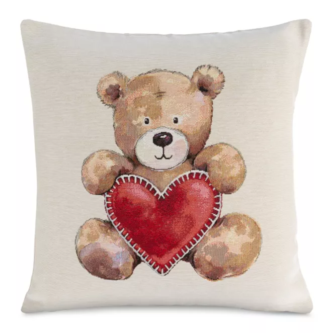 Poszewka na poduszkę 45x45 cm bawełniana, gobelinowa naturalno, czerwona z motywem misia GOB