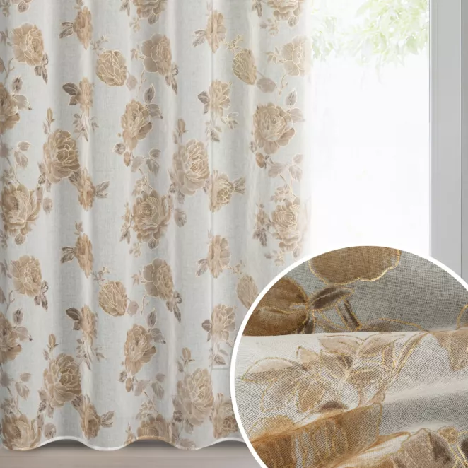 Zasłona biało, beżowa zdobiona nadrukiem róż z dodatkiem złota z etaminy 140x250 cm złote przelotki - MELA