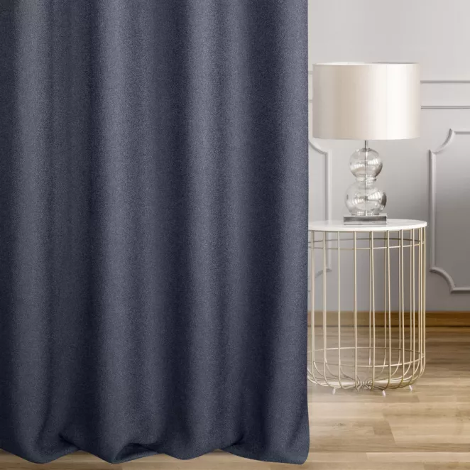 Zasłona szyta na taśmie 5 cm granatowa z tkaniny o naturalnym splocie w stylu eko