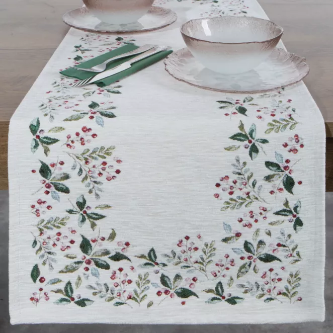 Świąteczny bieżnik kolor naturalno, zielony 40x100 cm szenilowy tkany motywem zimowym