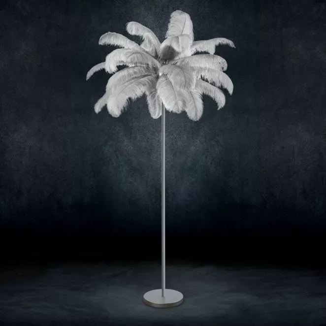 Lampa stojąca do salonu srebrna FERI na metalowej podstawie z efektownym abażurem z naturalnych strusich piór