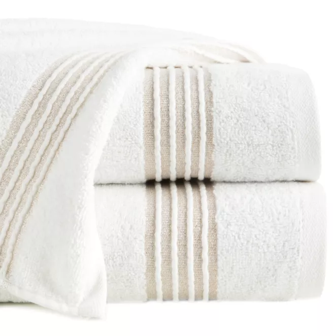 Ręcznik kąpielowy 70x140 cm bawełniany kolor biały zdobiony paseczkami przeszywanymi błyszczącą nicią 500 g/m2 LILA