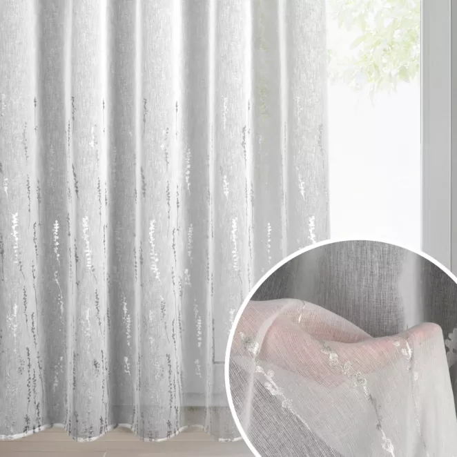 Firana biało, srebrzysta z matowej tkaniny zdobiona błyszczącym wzorem 140x270 cm taśma LINZI