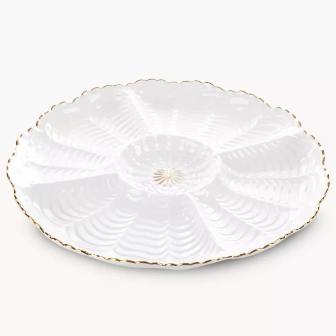 Patera ceramiczna  dekoracyjna kremowo-złota z wypukłym wzorem i złotymi akcentami średnica 28x3 cm GAIA