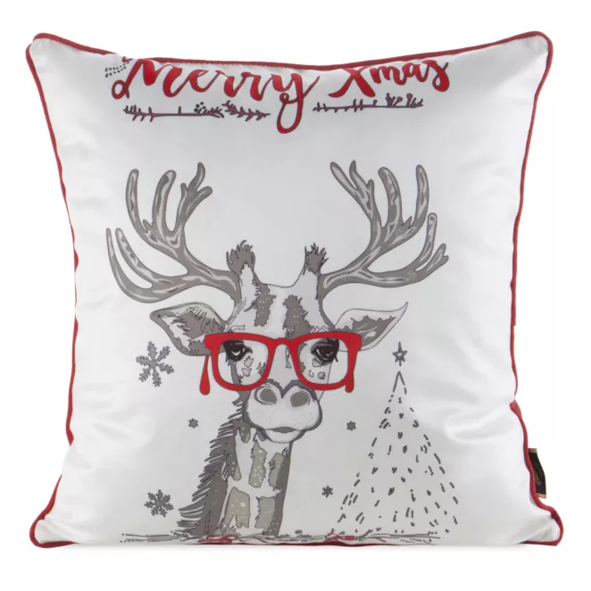 Poszewka na poduszkę świąteczna 45x45 cm biało, czerwona zdobiona zabawnym nadrukiem i elegancką wypustką