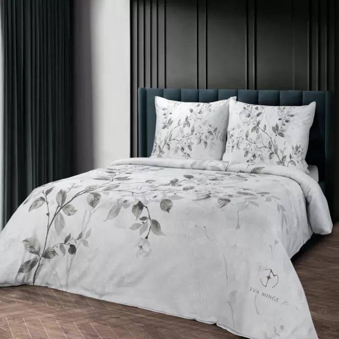 Pościel 160x200 cm komplet 3 częściowy  z makosatyny bawełnianej kolor  jasnoszary, jasnoróżowy z designerskim roślinnym nadrukiem  ELIZA Eva Minge