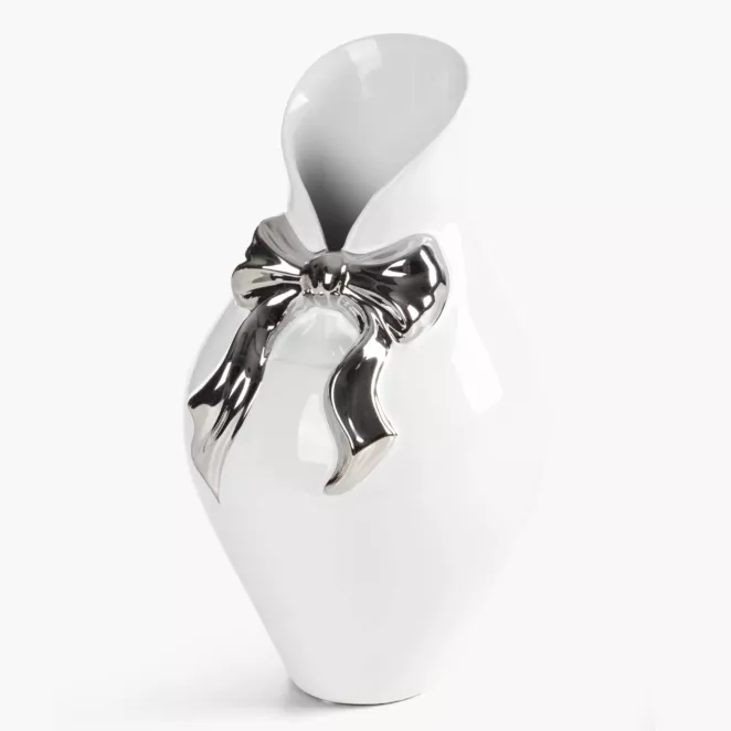 Wazon biały dekoracyjny z ozdobną srebrną kokardką 16x29 cm AKIRA