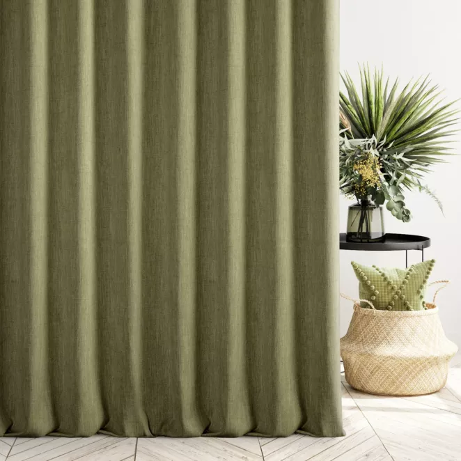 Zasłona szyta na taśmie 5 cm ciemnooliwkowa z tkaniny o naturalnym splocie z efektem melanżu