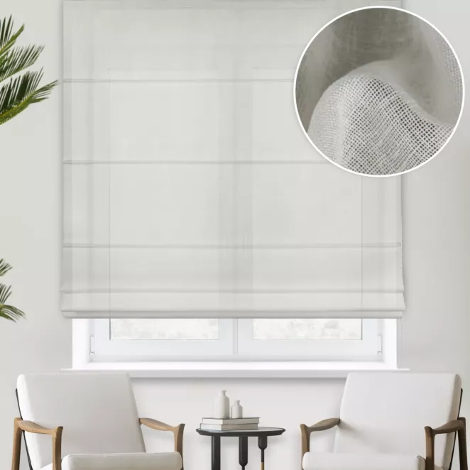 Roleta rzymska VERONA kremowa z gładkiej matowej etaminy o naturalnym splocie, wykończona obciążnikiem