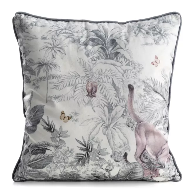 Poszewka na poduszkę 45x45 cm welwetowa biało, szara z roślinnym nadrukiem VELVET 203