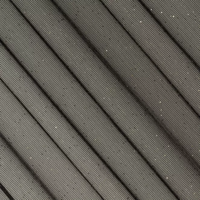 P279/5 Firana szyta na taśmie 5 cm grafitowo złocista z siatki z błyszczącą nicią i cekinami, wykończona obciążnikiem