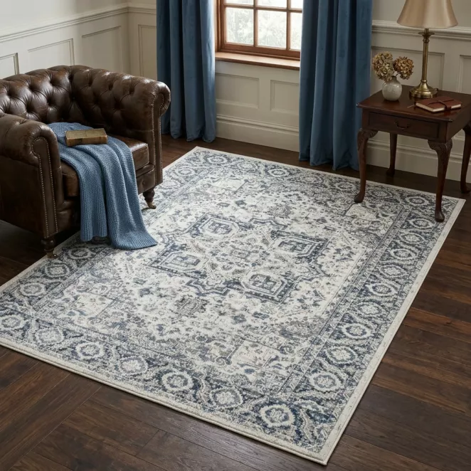 Dywan 60x100 cm niebiesko, kremowy z klasycznym wzorem w stylu vintage ELORA 2