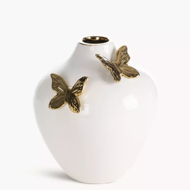Wazon dekoracyjny kremowo, złoty zdobiony uroczymi motylami 18x7x20 cm ASTRID