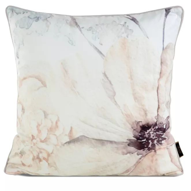 Poszewka na poduszkę 45x45 cm welwetowa, beżowo kremowa, dwustronna z motywem kwiatów VELVET 128 Eurofirany Premium