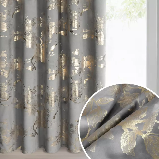 Zasłona stalowo, szampańska zdobiona nadrukiem błyszczących kwiatów 140x270 cm taśma - CELIA