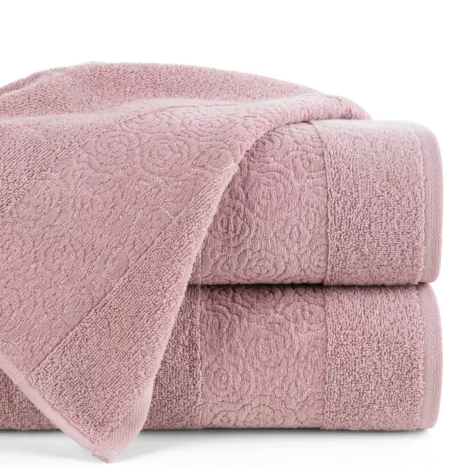 Ręcznik do rąk 30x50 cm bawełniany kolor pudrowy zdobiony wytłaczanym motywem róż z dodatkiem błyszczącej nici IRIS