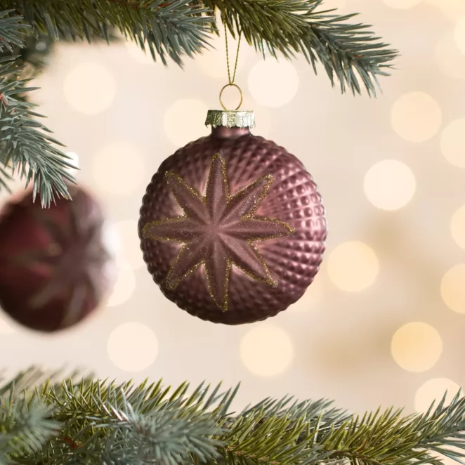 Szklana Bombka ręcznie zdobiona wytłaczanym wzorem wykończona brokatem