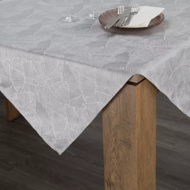 Bieżnik na stół srebrno, biały 85x85 cm ISLA z żakardowym wzorem liści bananowca