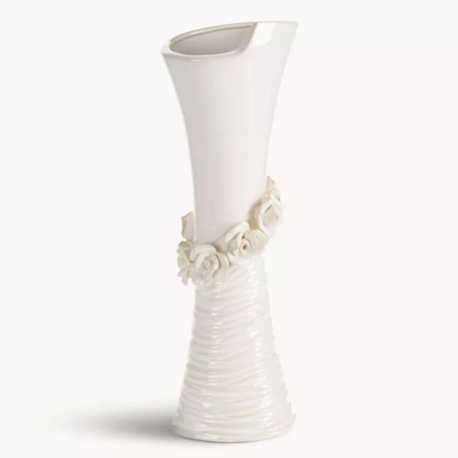 Wazon dekoracyjny kremowy zdobiony kwiatami 3D 14x10x38 cm ELIANA