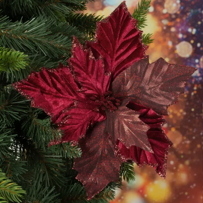 Świąteczny kwiat dekoracyjny z welwetu dekorowany brokatem