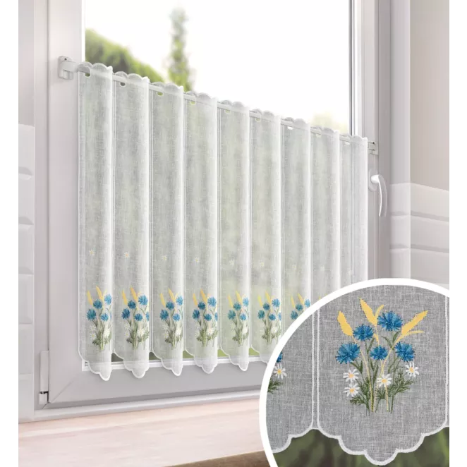 Tkanina firanowa zazdrostka zdobiona haftem polnych drobnych kwiatuszków