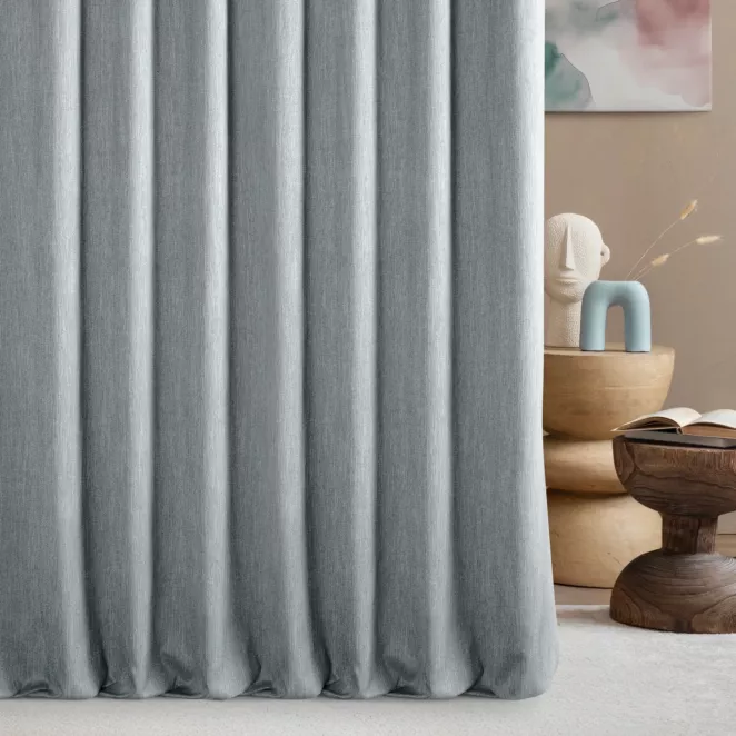 Zasłona szyta na taśmie 5 cm srebrna z tkaniny o naturalnym splocie z efektem melanżu