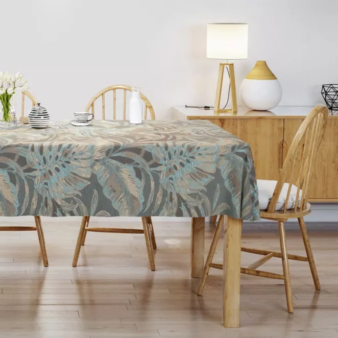 Obrus szyty popielato miętowy z eleganckiej tkaniny w ciekawy, botaniczny wzór