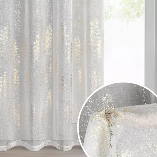 Firana świąteczna biało, złota zdobiona subtelnymi choinkami 140x250 cm szampańska przelotka - ELSA