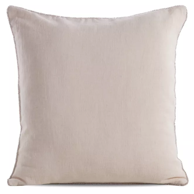 Poszewka na poduszkę 43x43 cm lniana z dodatkiem bawełny z pasmanterią z ozdobnymi cyrkoniami na brzegach kremowa LEN