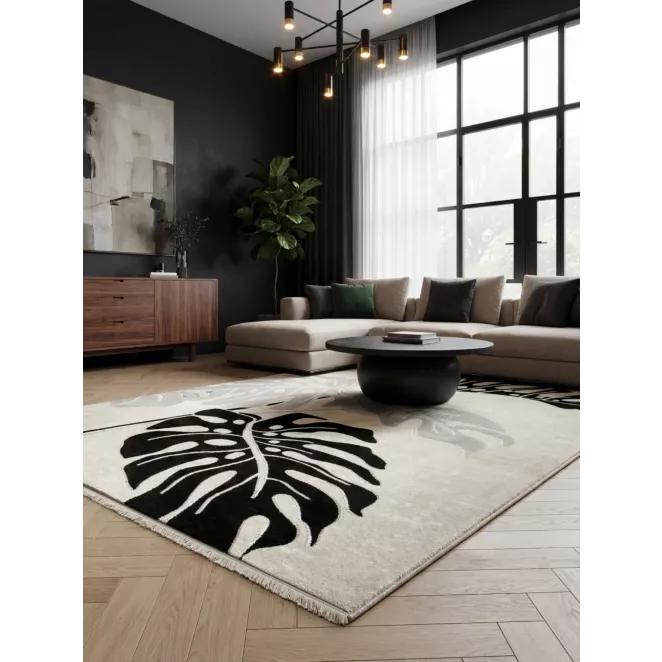 Dywan 60x100 cm kremowo, czarny zdobiony motywem liści monstery AURA 1