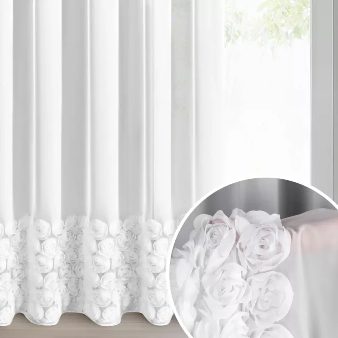 Firana biała z szyfonu zdobiona aplikacją 3D w róże 350x250 cm przelotka - ROSES - Eva Minge