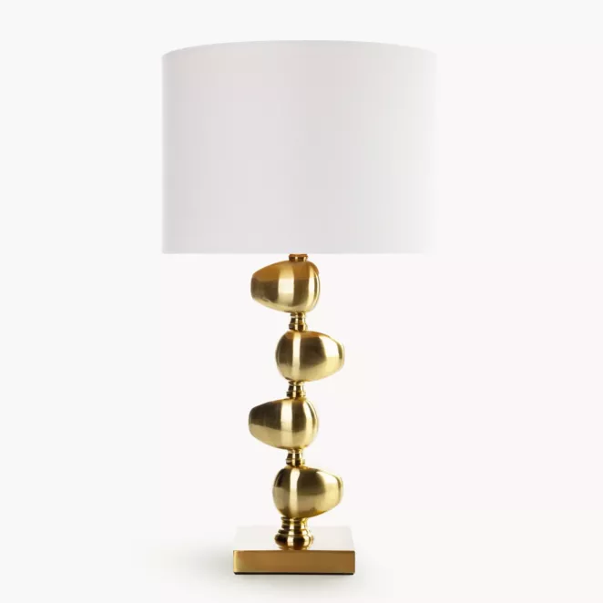 Lampa stołowa do salonu biało, złota GINA z metalową podstawą i matowym abażurem