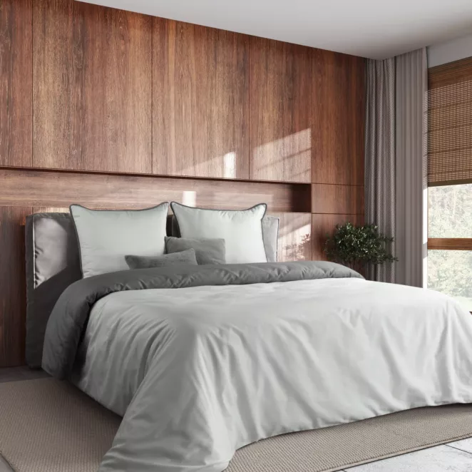 Pościel 220x200 cm z makosatyny bawełnianej kolor biały, stalowy dwustronna z sznurem dekoracyjnym na brzegach Eurofirany Premium