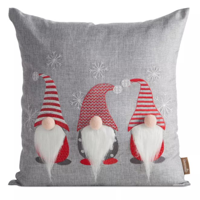 Poszewka na poduszkę świąteczna 45x45 cm srebrno, czerwona zdobiona aplikacja skrzatów