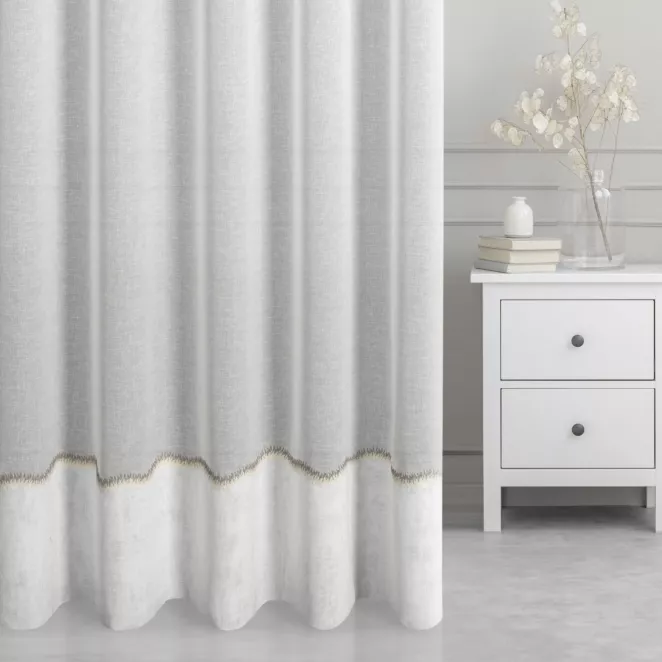 Firana szyta na taśmie 5 cm kremowo popielata z matowej etaminy wykończonej ozdobnym podwinięciem Italissima Eva Minge